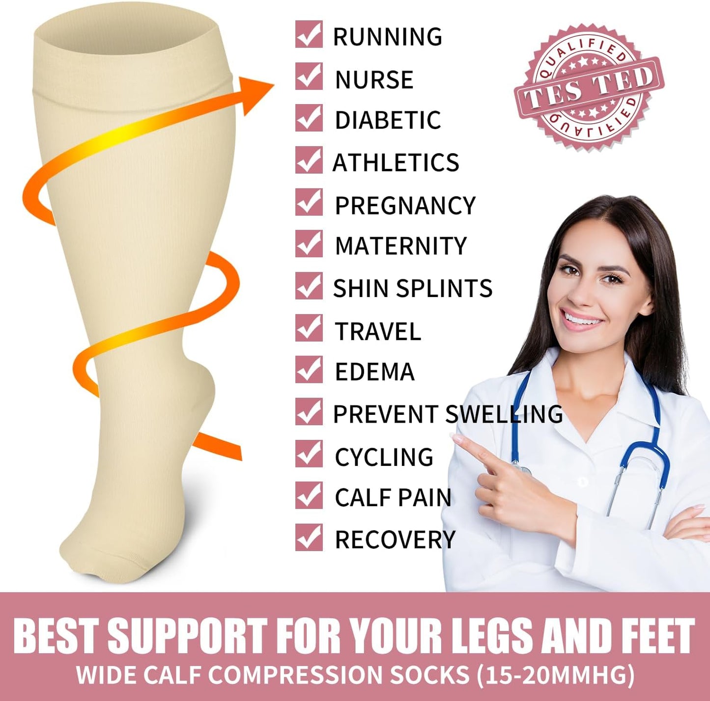 4 Pairs plus Size Compression Socks for Women and Men Wide Calf Extra Large Knee High Support for Circulation