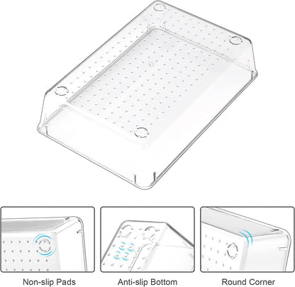 7 Pcs Clear Desk Drawer Organizers Set, 4-Size Plastic Bedroom Vanity Dresser Tray Acrylic Bathroom Storage Bins for Makeups Jewelries Kitchen Utensils Gadgets Office Accessories