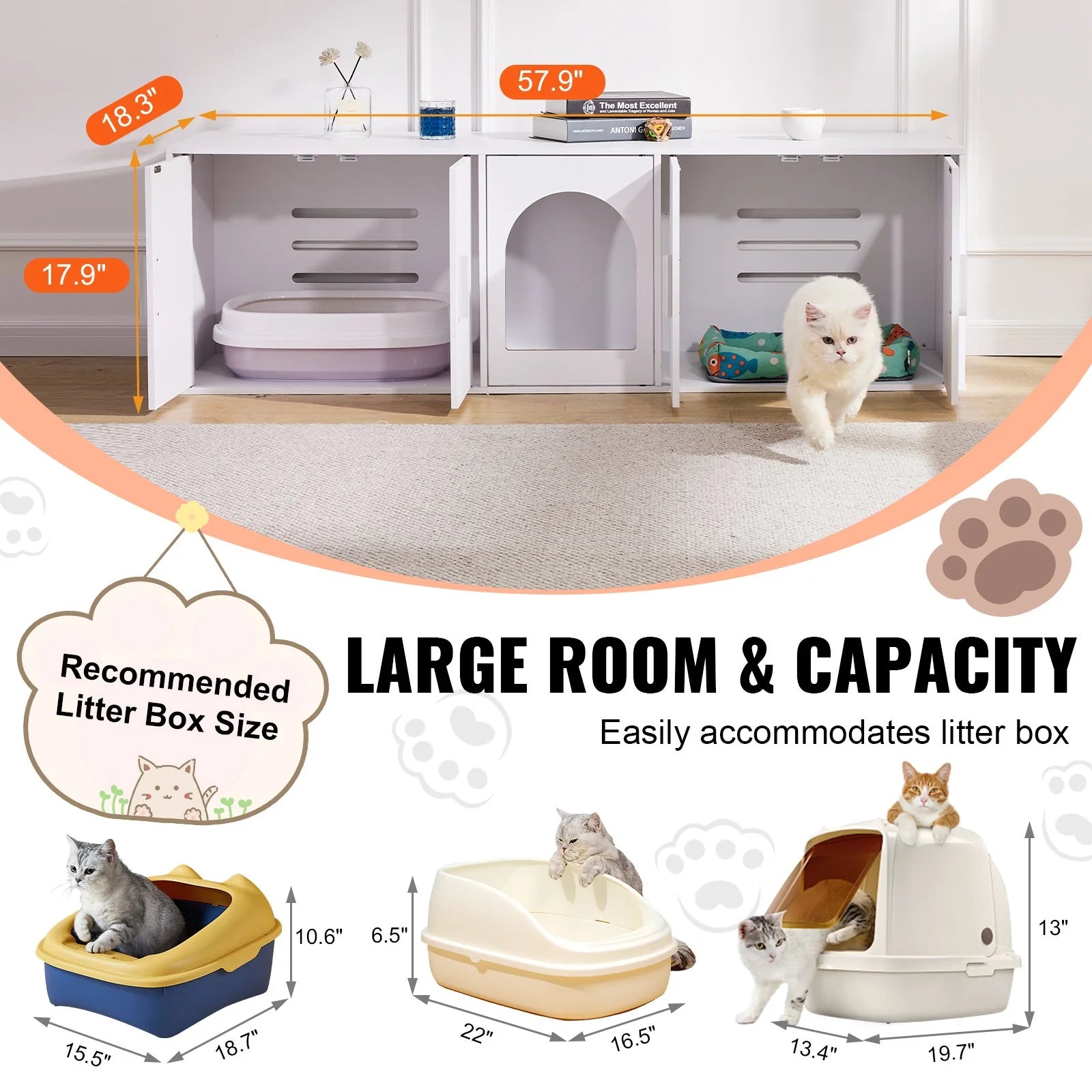 VEVOR Cat Litter Box Enclosure Wooden Litter Box Furniture Hidden 57.9 White