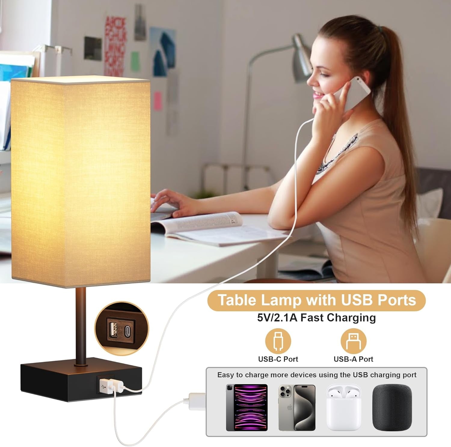Bedside Lamps, Table Lamp with USB C+A Charging Ports, 3 Way Dimmable Touch Control, Small Nightstand Lamps for Bedroom, Home Decor, Living Room, LED Bulbs Included, Upgraded Beige