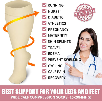 4 Pairs plus Size Compression Socks for Women and Men Wide Calf Extra Large Knee High Support for Circulation