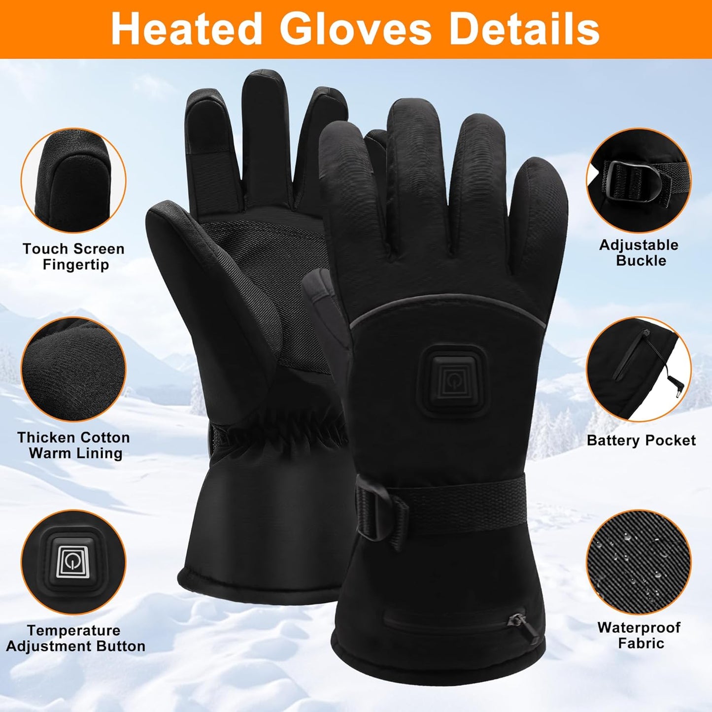 Electric Rechargeable Battery Power Waterproof Touchscreen Heated Gloves for Men Women, 3 Heating Temperature Adjustable Thermal Gloves for Skiing Hunting Fishing Camping Cycling