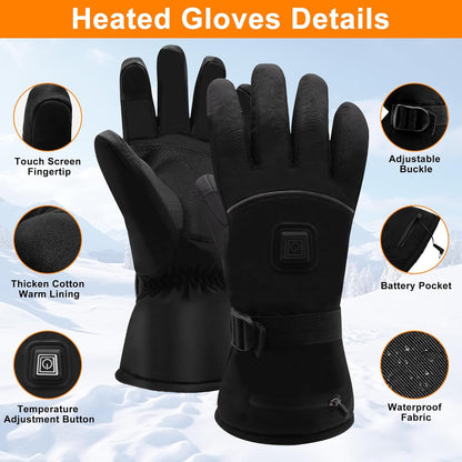 Electric Rechargeable Battery Power Waterproof Touchscreen Heated Gloves for Men Women, 3 Heating Temperature Adjustable Thermal Gloves for Skiing Hunting Fishing Camping Cycling