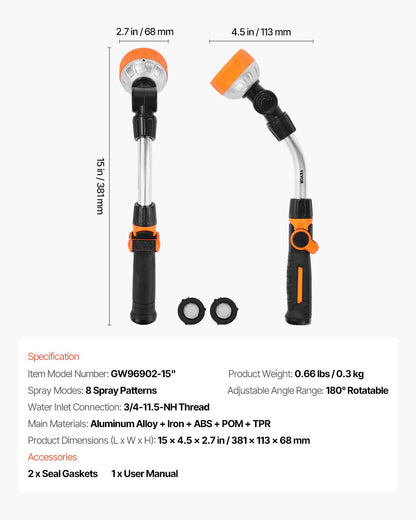 Heavy Duty Garden Hose Wand 15-Inch Long with 8 Spray Patterns & 180¡Ã Swivel Head