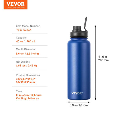 40 Oz Insulated Water Bottle Stainless Steel with Wide Mouth Lid Blue