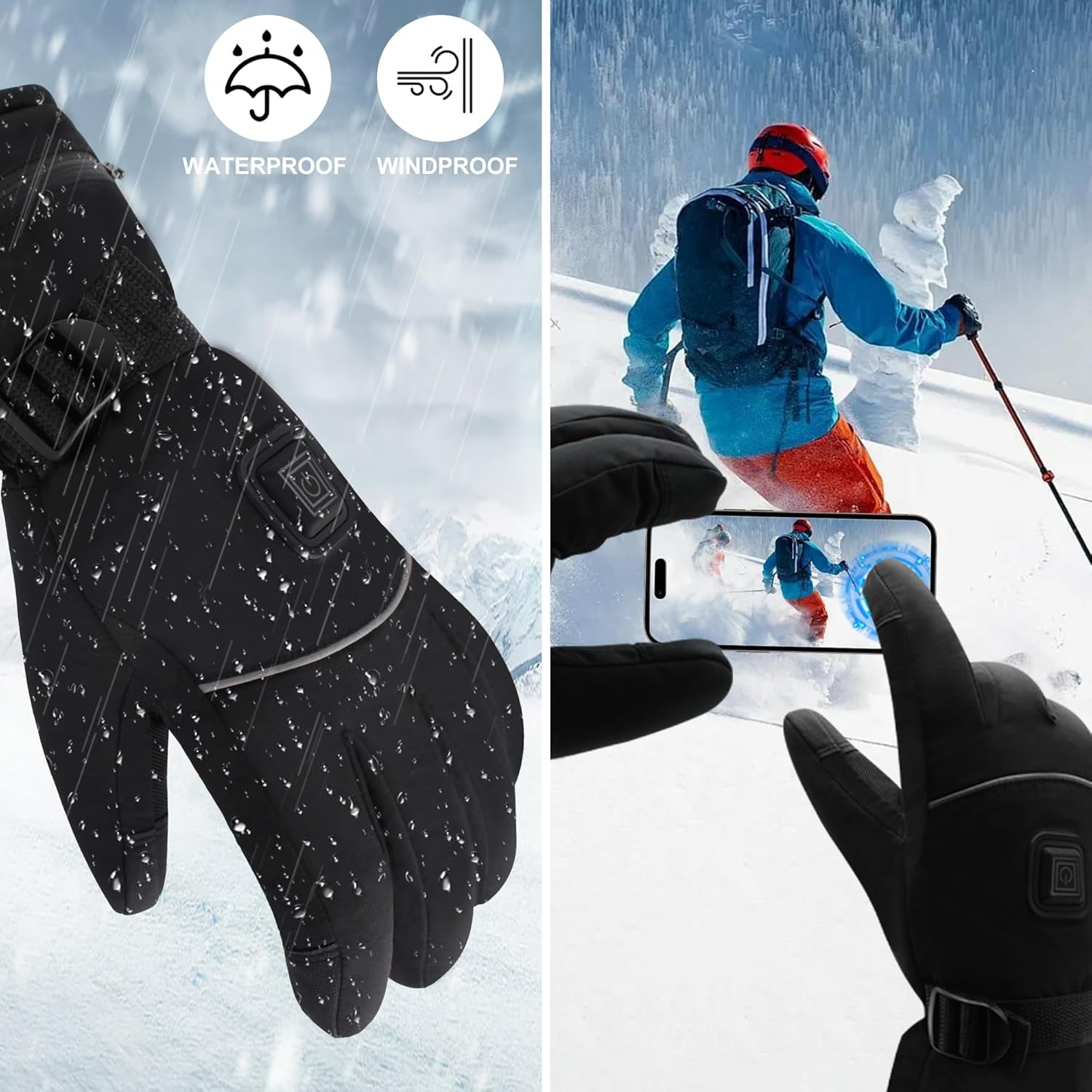 Electric Rechargeable Battery Power Waterproof Touchscreen Heated Gloves for Men Women, 3 Heating Temperature Adjustable Thermal Gloves for Skiing Hunting Fishing Camping Cycling