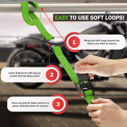 Ratchet Straps, 1650Lb Break Strength, 4 Pack 15Ft X 1In Tie down Strap Set, 4 Soft Loops, Motorcycle Straps Tie Downs, Cargo Cam Buckles for Trucks, Rubber Handles, Carry Bag