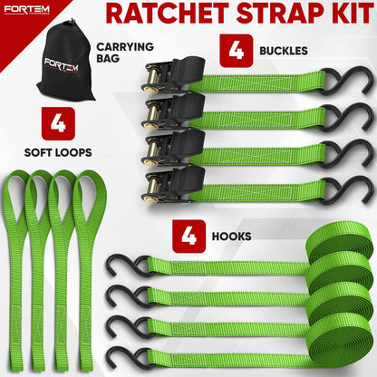 Ratchet Straps, 1650Lb Break Strength, 4 Pack 15Ft X 1In Tie down Strap Set, 4 Soft Loops, Motorcycle Straps Tie Downs, Cargo Cam Buckles for Trucks, Rubber Handles, Carry Bag