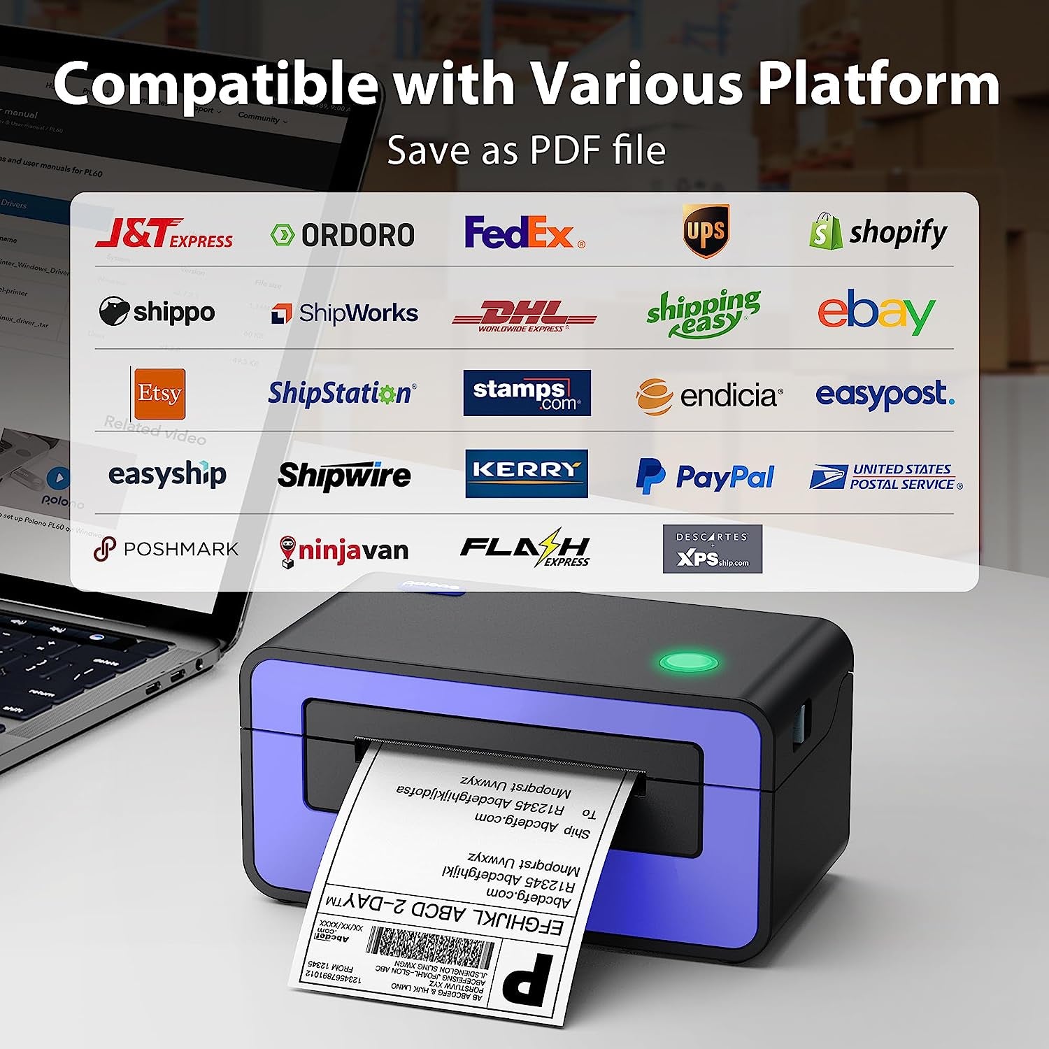 Thermal Label Printer, 4X6 Shippping Label Printer for Shipping Package, Commercial Thermal Label Maker, Compatible with Amazon, Ebay, Etsy, Shopify, Etc, Support Windows and Mac, Purple