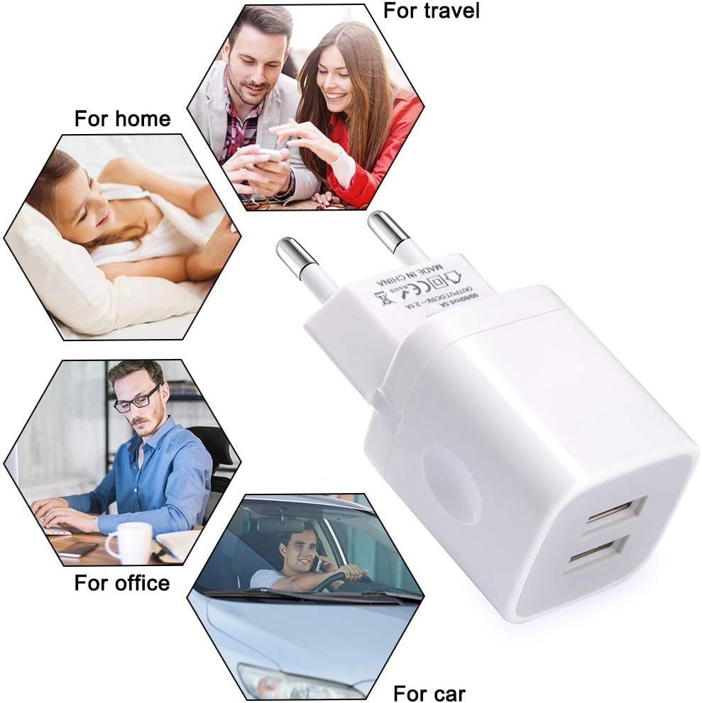European Wall Charger,  2-Pack USB 2.1AMP Universal Europe Charger Block Dual Port Plug Compatible for Iphone 16 15 14 13 12 11 Pro Max XS XR X SE 8 7 6 Plus,Samsung S24 S23 A15,Note 20,Lg,Moto