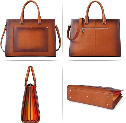 Leather Briefcase for Women Laptop 15.6 Inch Professional Business Work Ladies Computer Handbag Shoulder Bag Two-Toned Brown