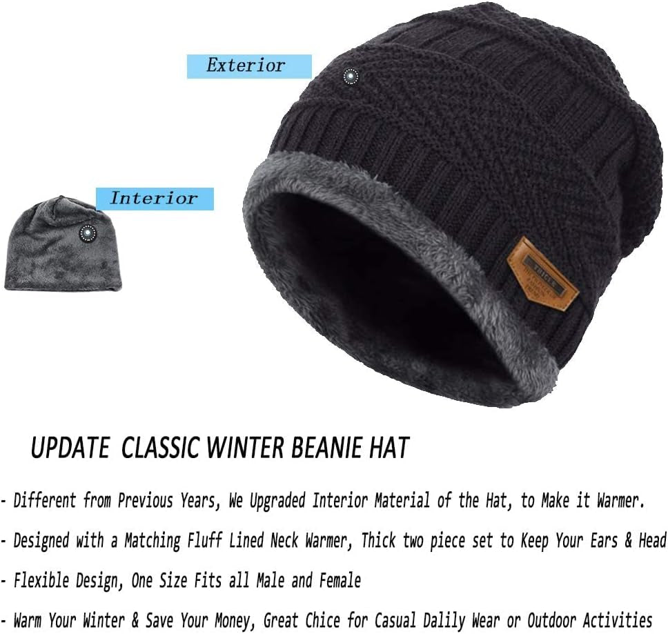 2Pieces Mens Winter Beanie Hat Fleece Lined Scarf Set Knit Warm Thick Skull Cap Neck Warmer for Men & Women