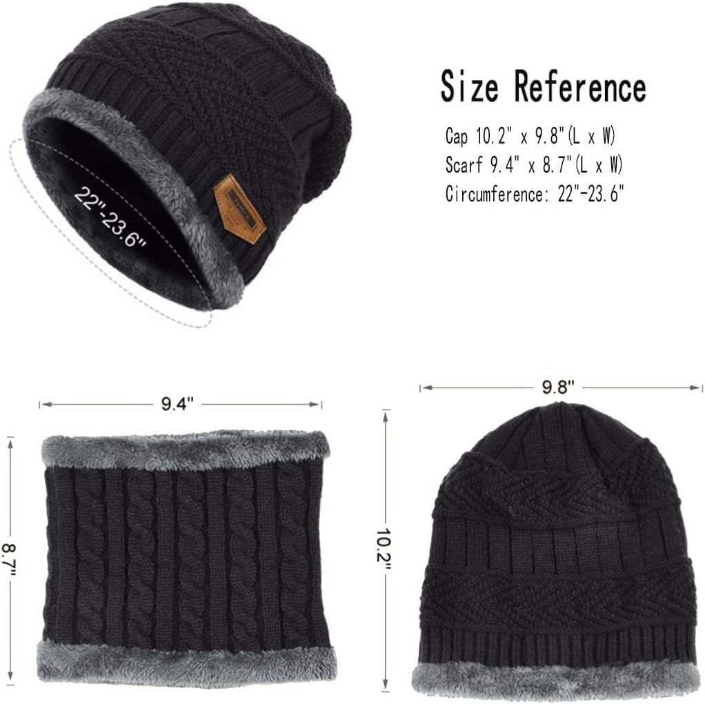 2Pieces Mens Winter Beanie Hat Fleece Lined Scarf Set Knit Warm Thick Skull Cap Neck Warmer for Men & Women