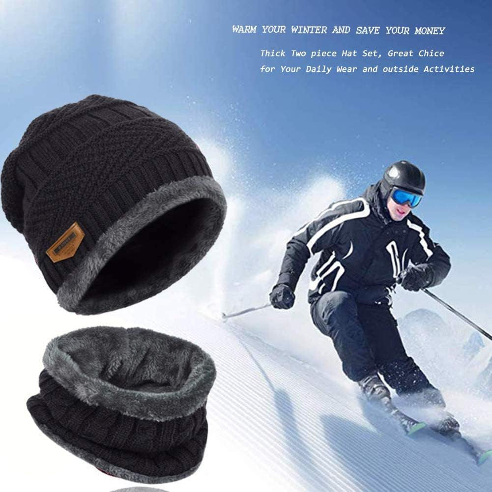 2Pieces Mens Winter Beanie Hat Fleece Lined Scarf Set Knit Warm Thick Skull Cap Neck Warmer for Men & Women