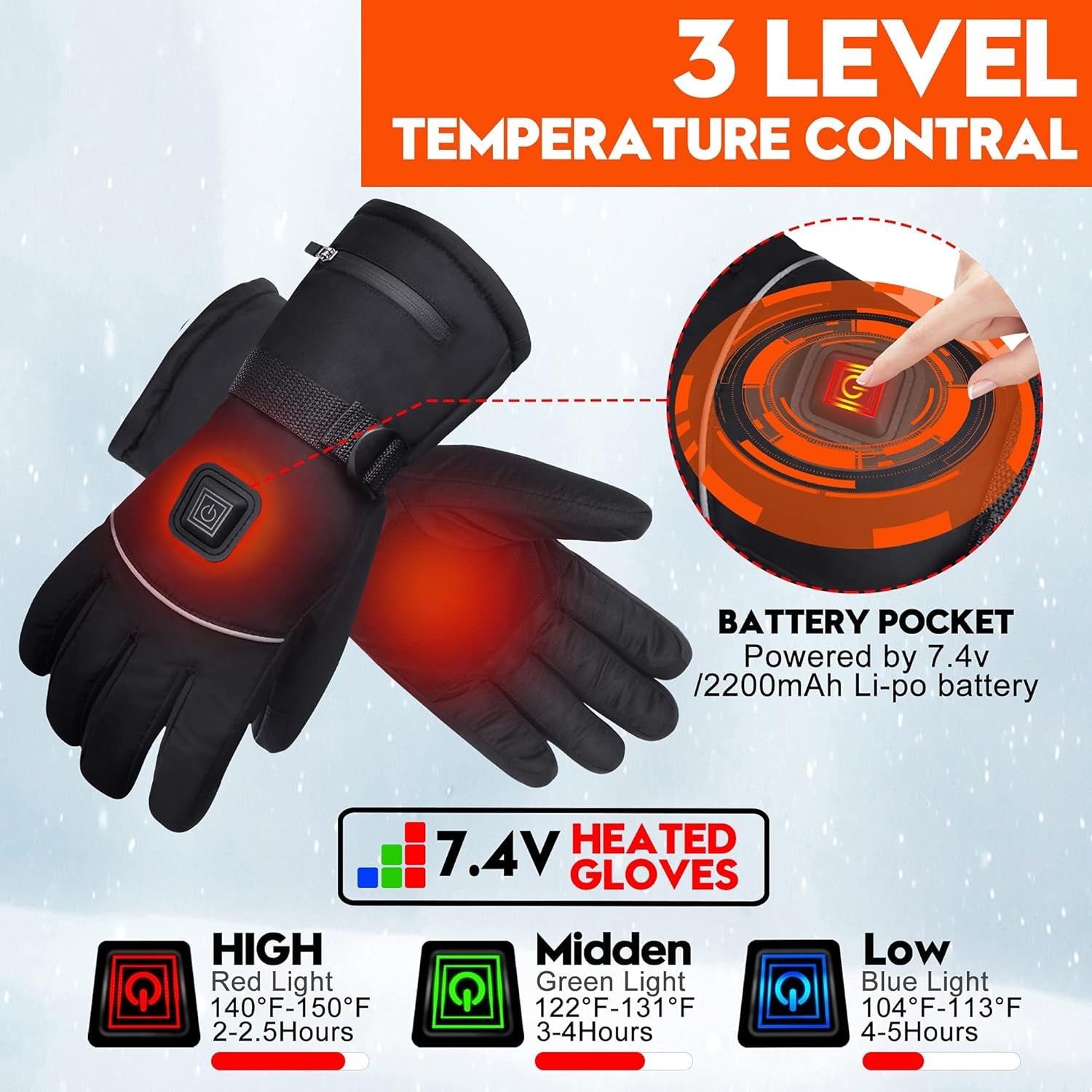 Electric Rechargeable Battery Power Waterproof Touchscreen Heated Gloves for Men Women, 3 Heating Temperature Adjustable Thermal Gloves for Skiing Hunting Fishing Camping Cycling