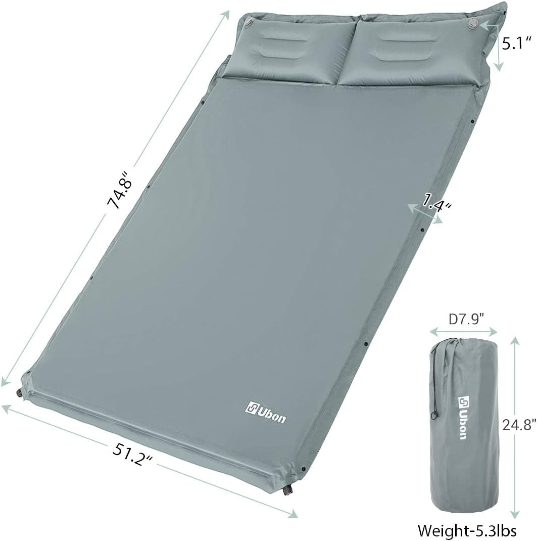 Double Camping Sleeping Pad Self- Inflating Camping Mattress with Pillows for Camping Hiking and Travel - Grey
