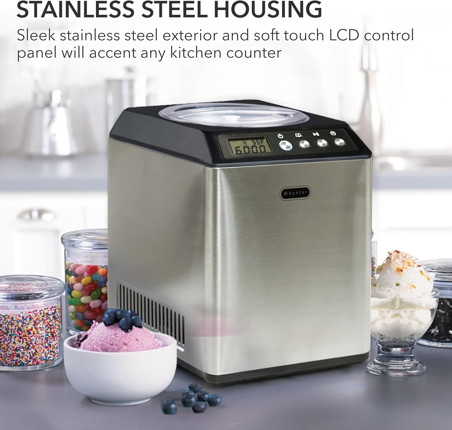 Ice Cream Maker Machine Automatic 2.1 Qt. Upright with Built-In Compressor, LCD Digital Display & Timer, No Pre-Freezing, ICM-201SB, Stainless Steel