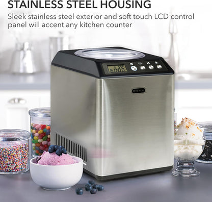 Ice Cream Maker Machine Automatic 2.1 Qt. Upright with Built-In Compressor, LCD Digital Display & Timer, No Pre-Freezing, ICM-201SB, Stainless Steel