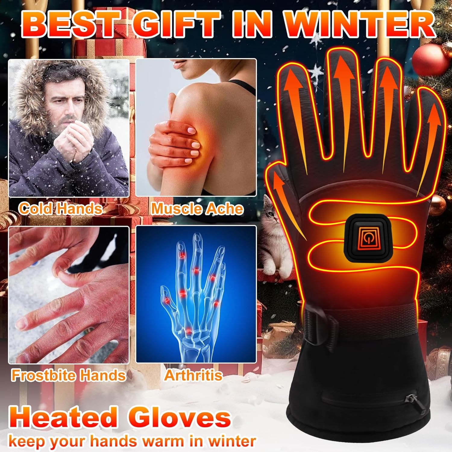 Electric Rechargeable Battery Power Waterproof Touchscreen Heated Gloves for Men Women, 3 Heating Temperature Adjustable Thermal Gloves for Skiing Hunting Fishing Camping Cycling