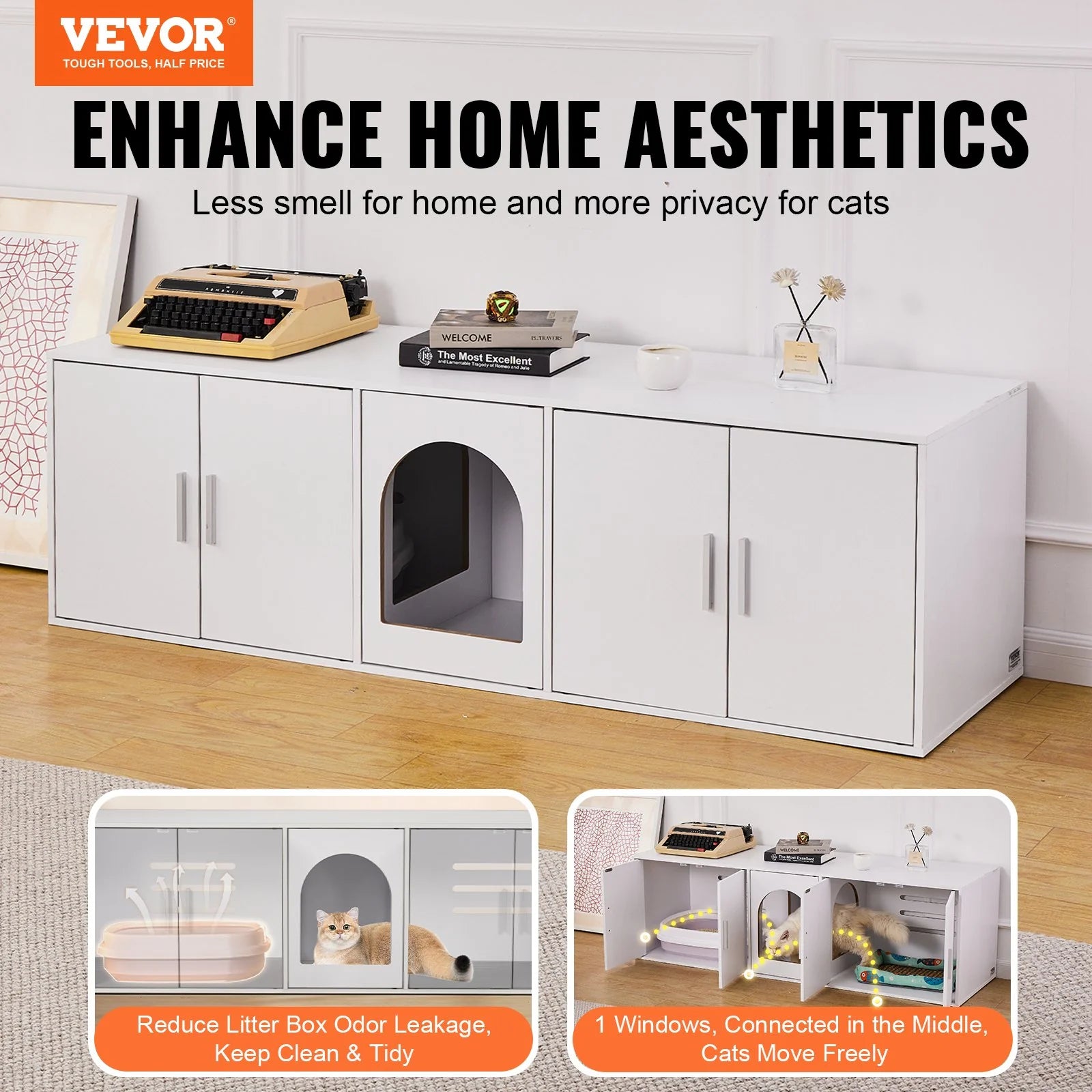 VEVOR Cat Litter Box Enclosure Wooden Litter Box Furniture Hidden 57.9 White
