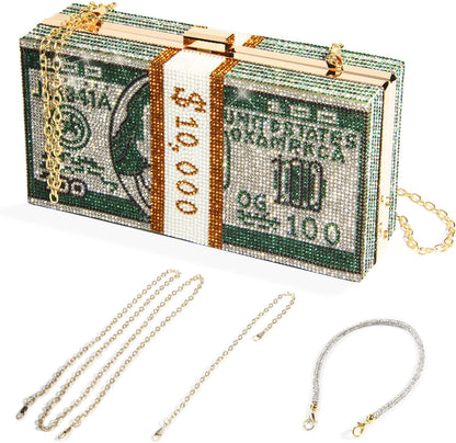 Money Clutch Purses for Women, Stack of Cash Dollars Crystal Clutch Purses, Women Diamond Evening Bags Party Cocktail Rhinestone Handbags, Wedding Dinner Bag, Green