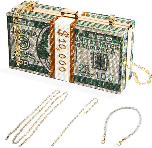 Money Clutch Purses for Women, Stack of Cash Dollars Crystal Clutch Purses, Women Diamond Evening Bags Party Cocktail Rhinestone Handbags, Wedding Dinner Bag, Green