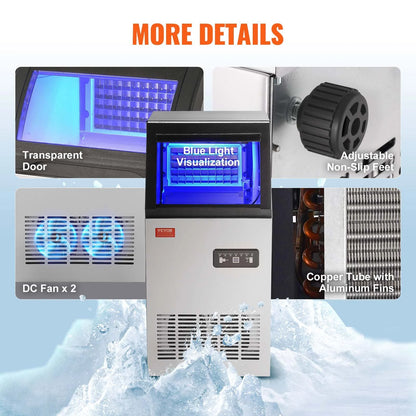VEVOR Commercial Ice Maker, 80Lbs/24H, Ice Maker Machine, 40 Ice Cubes in 12-15 Minutes, Freestanding Cabinet Ice Maker with 27.5Lbs Storage Capacity LED Digital Display, for Bar Home Office Restaurant