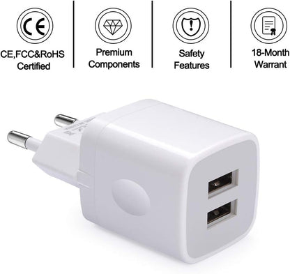 European Wall Charger,  2-Pack USB 2.1AMP Universal Europe Charger Block Dual Port Plug Compatible for Iphone 16 15 14 13 12 11 Pro Max XS XR X SE 8 7 6 Plus,Samsung S24 S23 A15,Note 20,Lg,Moto