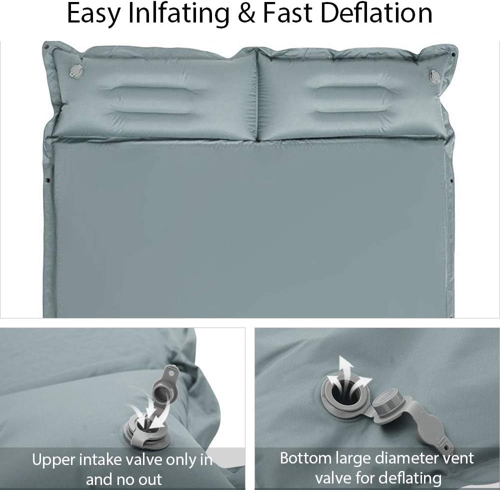 Double Camping Sleeping Pad Self- Inflating Camping Mattress with Pillows for Camping Hiking and Travel - Grey